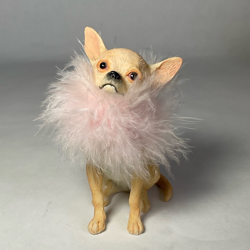 Chihuahua Pink Feather Boa Animal Dog Figure Desktop Decoration